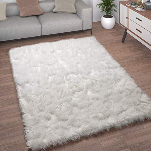 Paco Home Kunstfell Fellteppich Imitat Teppich Hochflor Sitzkissen Herzform Rund Fell Form, Grösse:120x170 cm, Farbe:Weiß