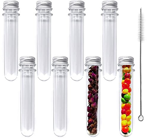 YINENGD 8 Kunststoff Reagenzgläse Transparent Reagenzglas mit Schraubverschluss mit Reinigungsbürsten 45ml Reagenzröhrchen für Blumenvase Beads Süßigkeiten Glas Perlen Labor