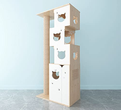 CatS Design 2 in 1 Kratzbaum & Katzentoilette Eiche-Weiß - Edel, Für Große Katzen Stabil - Inkl. Katzenklo Schrank