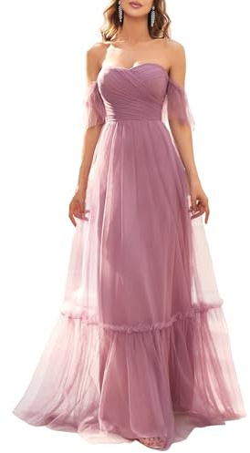 Ever-Pretty Robe de Soirée Longue à Volants Épaules Dénudées A Line Femme Plissé Chic Orchidée 36