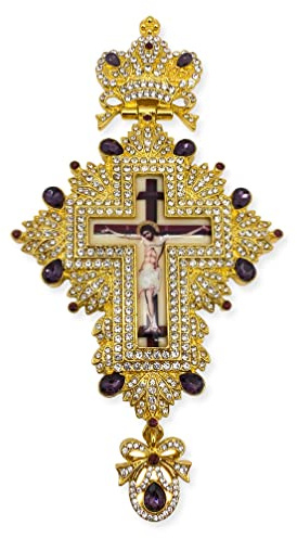 Nazareth Store Pendentif croix pectorale plaqué or 18 carats avec cristaux de zirconium, prêtre chrétien, évêque, grand crucifix avec collier de 61 cm, 58,4 cm, verre, sans pierre précieuse, 23