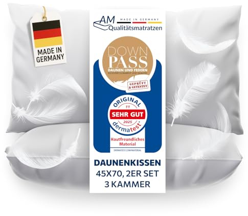 DormiGood Daunenkissen 40x80 - Made in Germany 3 Kammer Kopfkissen 40x80cm - Außenkammer aus 100% Daune - Federkissen 40 x 80 Allergiker geeignet - Kopfkissen 40x80 Federn und Daunen Füllung 2er Set
