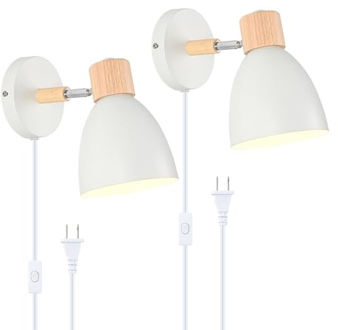 Eyooer Wall Sconces Plug in, Swing Arm Wall Lamp with Power Cord, White Plug in Wall Lighting Fixtures Set of Two, Bedside Wall Mounted Reading Lamp with Switch, for Bedside Bedroom Hallway