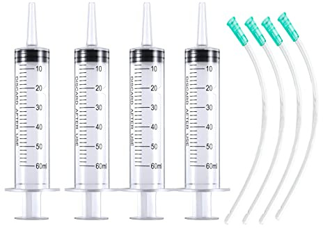 4 Stück 60ml Großer Plastikspritze ohne Nadel Spritze | Transparente Kunststoffschläuche mit Schlauch PVC Skala Dosierspritze für Scientific Labs Messflüssigkeiten Tierfütterung