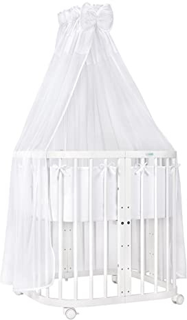 waldin Babybett 7in1, Matratze, Rollen, Regal, Weiß | Stoff Weiß, Mitwachsend, Beistellbett aus Holz, Wiege optional