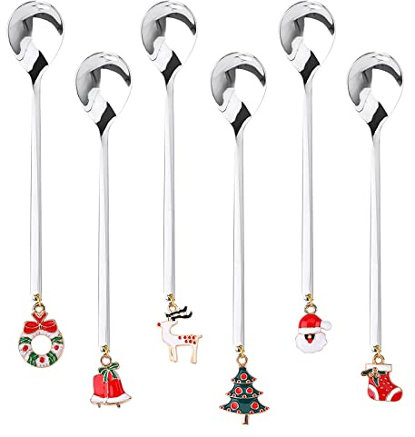 6 Pezzi Cucchiaini da caffè di Natale, Cucchiai Natalizi in Acciaio inox, con confezione regalo, Cucchiaio Di Natale con ciondolo di Natale, per stoviglie da Cucina(Silver)