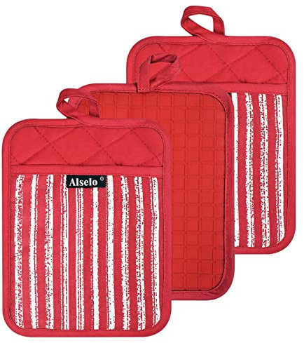 Alselo Set di 3 presine in silicone resistenti al calore e antiscivolo, professionali per forno con tasche e guanti per cucina, cottura e barbecue (3, rosso)