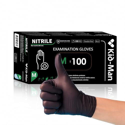 Kid-Man Nitrilhandschuhe M - Schwarz, 100 Stück Einweghandschuhe, Puderfrei & Latexfrei, Hautfreundliche Einmalhandschuhe für Werkstatt, Küche, Tattoo, Medizin & Reinigung