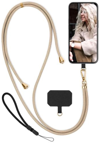 moex Unleash für Samsung Galaxy S21 FE 5G Handyband zum Umhängen ohne Hülle, Handykette Universal mit Karabiner, Handy Band abnehmbar, Kette mit Pad für Handyhülle, Beige, Gold