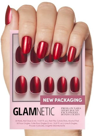 Glamnetic Press On Nails - Cherry Glaze | Short Round Bright Cherry Red Nails with a Glaze Finish | 15 Sizes - 30 Nail Kit with Glue