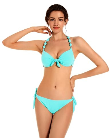 EONAR Bikini för kvinnor, push-up, baddräkt, tvådelat badmode, nackhållare, baddräkt med bygel, Ljusgrön, 32