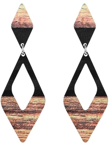 Emibele Vintage Holz-Ohrringe für Frauen - Bohemian Tropfen Geometrische Anhänger, Handgemachte Leichte Schmuck Geschenk für Mädchen, Braun & Schwarz