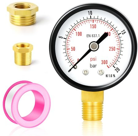 TAILONZ PNEUMATIC 0-20 Bar 2 Dial 1/4 BSP Well Pump pressure gauge with 1/2 BSP and 3/8 BSP brass bushing adapter, 3-2-3% accuracy, lower bracket