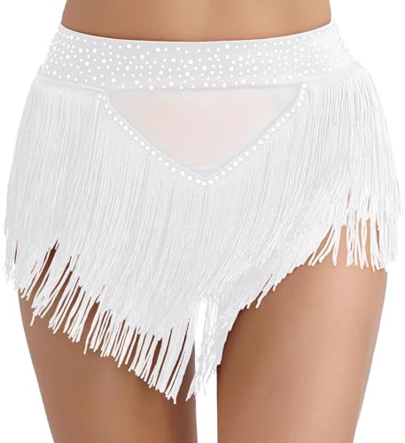 YiZYiF Gonna da Ballo Latino Americano Donna Ragazza Abito con Frange Nappa Vestito Danza Moderna Rumba Samba Tango Ballo da Salsa Gonna da Danza del Ventre Ballerina Bianco C S