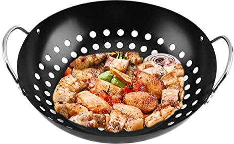 POPETPOP Non-Stick Iron Grill Pan Drain Holes BBQ Basket for Vegetables Dual Handle Small Size Household Barbecue Tray Suitable for Outdoor Picnic and Home Grill Supplies