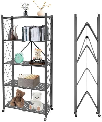 Svkiyang Foldable Storage Shelf Unit on Wheels Large Capacity (No Assembly) Heavy Duty Steel 5-Shelving Organizer Rack for Kitchen, Garage and Laundry Bathroom Tool Organization (Grey, 5 layer)