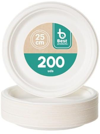 BEST PRODUCTS - 200 Platos Caña de Azúcar Desechables Ecológicos Biodegradables Compostables y Reciclables Para Fiestas Cumpleaños Comuniones Redondos Llanos Ø 25 cm