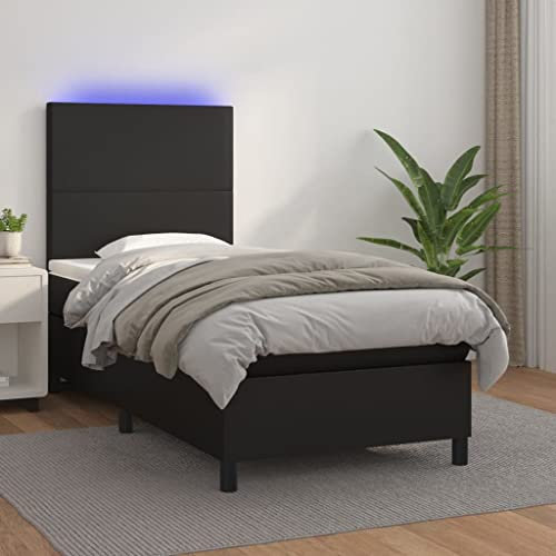 THOYTOUI Boxspringbett, Seniorenbett Bett Bettgestell Bettsystem Geeignet für Schlafzimmer Aufenthaltsraum Wohnungen Hotel mit Matratze & LED Schwarz 90x200 cm Kunstleder