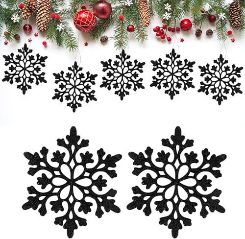 HERZONE 30pcs Weihnachtsschmuck Glitter Schneeflocken Weihnachtsbaum Anhänger 10cm Hängende Weihnachtsdeko für Weihnachtsdekoration (schwarz Schneeflocken type2)