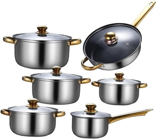 RUVOO Batteria di Pentole, Set da Cucina in Acciaio Inossidabile da 6 Pezzi Portatile con Pentole E Padelle con Coperchio in Vetro per La Casa Utensili Cucina Set Pentole(B)