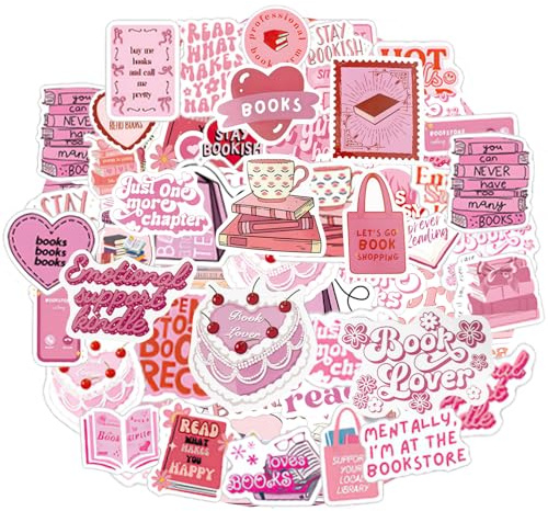 60 Pcs Pink Aesthetic Stickers, Waterproof Self-Adhesive Cute Vinyl Reading Stickers for Water Bottle, Scrapbook, Notebook, Laptop, Computer, Book (Style 1)