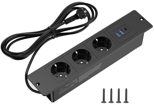 Multiprise de Table avec 3 USB, 3 Prises 2m Câble, Multiprise encastrable 3 Prises, Multiprise pour Meubles, USB-C/A, 5V-2.4A/3A, Multiprise 6 en 1