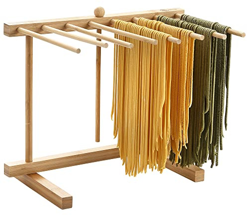 8SOM Bamboo Pasta Drying Rack with 8 Bars and Transfer Wand, Easy to Transfer for Drying Pasta and Cooking, Special Suspension Design for Large Storage, Gift for House Warming