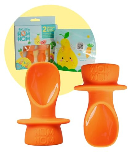 Nom Nom Kids | Baby Pouch Spoons | 2 Spoons + Washable Travel Bag | Little Nom Nom Silicone weaning Spoon for use with Baby Food Pouches and Reusable Pouches | Parent Travel Essentials (Orange)