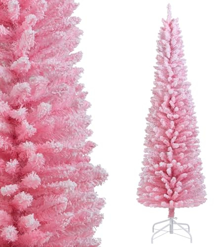GIANTEX Weihnachtsbaum mit Schnee, Tannenbaum Künstlich 180 cm, Bleistift Weihnachtsbaum schmal, Christbaum Künstlich mit Metallständer, Christmas Tree, Kunstbaum Dekobaum Weihnachten PVC Nadeln, Rosa