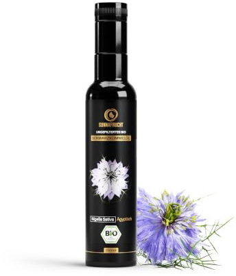 Schwarzkümmelöl BIO Kaltgepresst - (250ml) - Reich an Thymoquinon - 100% Kaltgepresst & Ungefiltertes Nigella Sativa - Schwarzkümmelöl ungefiltert - Black seed oil in Violettglas - Sunnafrucht
