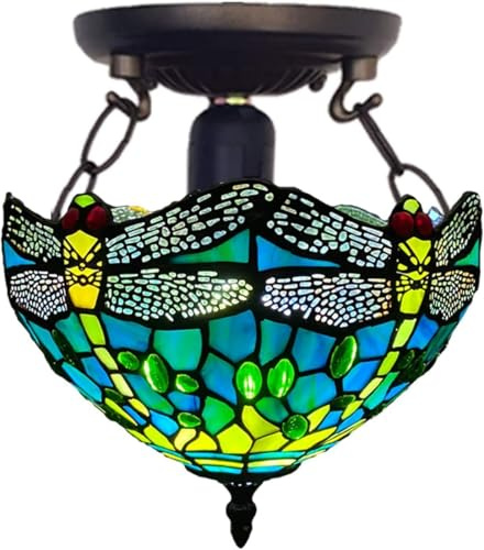 TIFFORA Tiffany Style Ceiling Lamps Stained Glass Antique Design Handcrafted Lamp Shades Ceiling Light for Living Room Bedroom Lounge (TF(C)-1015)