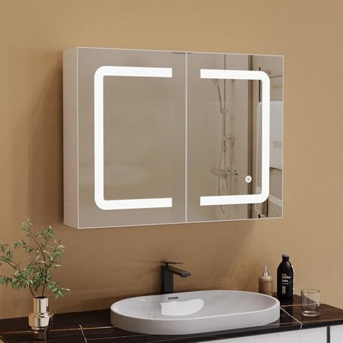 PRTECY Spegelskåp för badrum med LED, badrumsskåp med touch-brytare, intelligent minnesfunktion, väggmontering, med förvaring (60 x 13,5 x 80 cm)