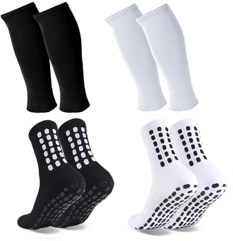 Barrlves 2 Set Grip Soccer Socks and Shin Guard Sleeves Non Slip Soccer Sleeve Socks for Men Women(US, Alpha, One Size, Regular, Regular, Black&White)