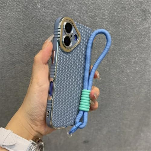 VFDHN Strickkorn mit Umhängeband, Handyhülle für iPhone 11 12 13 14 15 16 Pro Max Plus, Bumper, weiche Silikonhülle, Blau, für iPhone 15 Pro