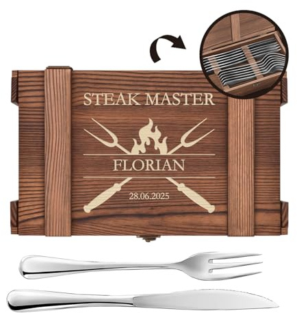 Maverton Set Posate in Scatola Legno di Pino - Portaposate 6 Coltelli e 6 Forchette - Scatola regalo Personalizzata - Idee regalo uomo compleanno - 26x16,5x6 cm