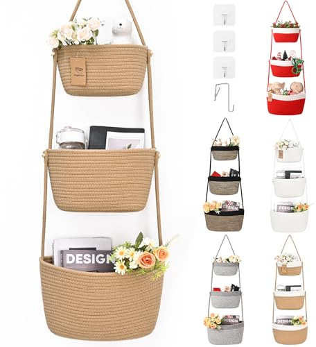 Hanging Storage Baskets, Over the Door Basket, Cotton Wall Baskets Storage, Hanging Door Basket with 4 Hooks