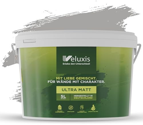 Veluxis® Wandfarbe Grau für den Innenraum - 5 Liter & Deckkraft-Klasse 1, Streifenfrei, tropfarm & Öko Farbe, VOC-frei - (Attractive Anchovies)