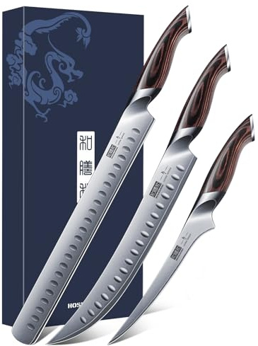 HOSHANHO Carving Knife Set 3PCS, Japanese High Carbon Steel Brisket Slicing Knife Sets with Ergonomic Pakkawood Handle, Butcher Breaking Boning Knife for Meat Cutting