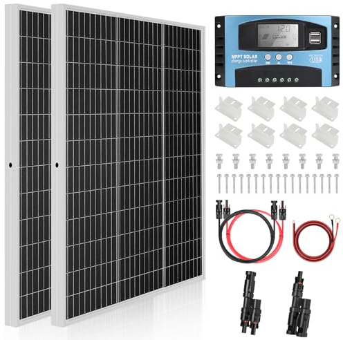 Kit de panel solar de 240 W y 12 V: kit de panel solar DERUXI de 2 x 120 W: 2 paneles solares mono de 120 W + controlador de carga solar MPPT de 30 A + conector de rama en T + 4 cables solares +