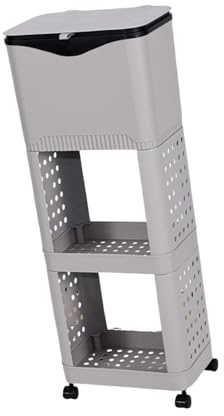 Milageto Cubo de Basura de Cocina con Tapa, Cesta Estrecha con Estante de Almacenamiento, Moderno, de 3 Capas con Ruedas, Organizador para Oficina, Gris