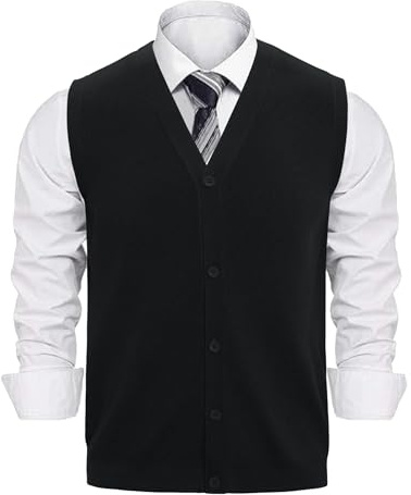 Sykooria Gilet Uomo Cardigan Cotone Senza Maniche con Bottoni Reali Scollo a V Maglia Fine per Business Casual Primavera Autunno, Nero M