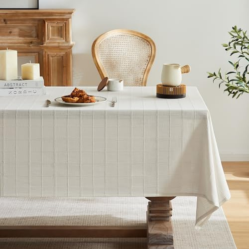 ZeeMart Linen Checked Table Cloth 60x104 Inches (Fit 6ft–7ft, Narrow Fit 8ft Rectangle Table), Farmhouse Style Plaid Embroidered Off White Water Resistant Table Cover, Ivory
