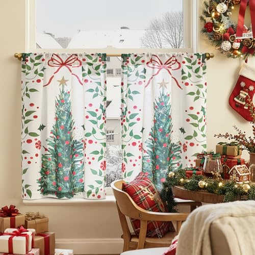 TOPICK Bistrogardine 2er Set Weihnachtsgardinen Scheibengardinen modern Küchegardinen Landhausstil Weihnachtsbaum, H90xB65 cm Weihnachts Gardinen Wohnzimmer Scheibengardine Schlafzimmer Weiß
