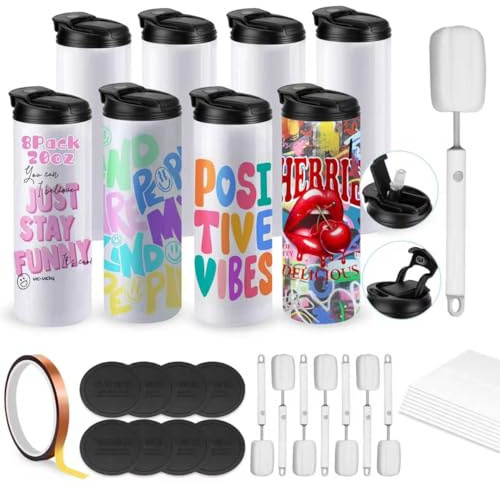 Caffoltgo Lot de 8 gobelets à sublimation isothermes à double paroi en acier inoxydable pour loisirs créatifs - 600 ml avec couvercles et pailles,Double prise d'eau (8PCS-A)