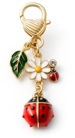 Porte-Clés Coccinelle, Porte-Clé Insecte Breloque de Sac pour Femmes | Cadeaux de Porte-Cléf Mignons avec Cœur Doré, Marguerite, Feuille Verte & Accents Cristal pour Amateurs de Nature