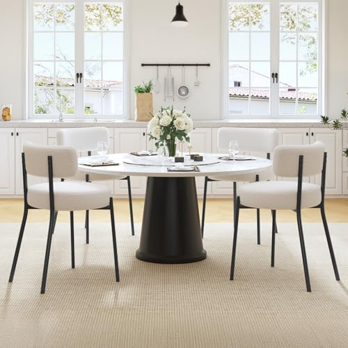 Ckaff Esszimmerstühle 4er Set, Küchenstuhl Stühle Esszimmer mit Rückenlehne und Metallbeinen, Gepolsterte Runde Boucle Stühle aus Teddy Stoff, Dining Chairs für Esszimmer Wohnzimmer Schlafzimmer, Weiß