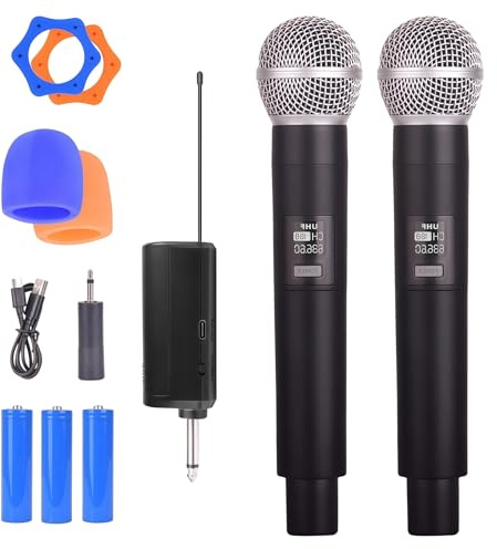 GOEDCH 2 piezas de micrófono inalámbrico: negro karaoke micrófono inalámbrico set de micrófono de mano inalámbrico con receptor recargable, micrófono inalámbrico para karaoke, canto, fiestas, bodas