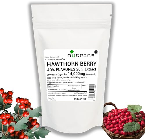 Nutrics® 14,000mg (per Capsule) Hawthorn Berry Extract 30 V Capsules - 40% FLAVONES Strong One A Day - 100% Pure - Free from fillers, Binders & Bulking Agents (30 V Capsules (1 Month Supply)) (30)