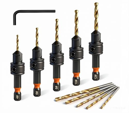 ANBOO 10PCS Metal Countersink Drill Bit,1/4 inch Hex Shank Wood Drill Bits | #4-#12 Screws, Adjustable Depth Twist Drill for Wood, Plastic & Soft Metal