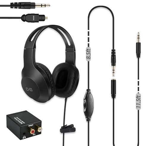 DUNGZDUZ 20Ft Extra Long Cord TV Headphones with 3.5mm AUX & Optical Input | 3.5mm Wired TV Headphones with Inline Volume Control & Extension Cable, AUX & Optical Input for Most TVs, Senior Friendly